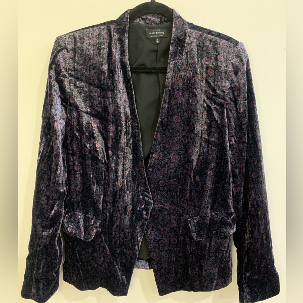Lucky Brand Chic Floral Crushed Velvet Blazer Black and Purple Size 8